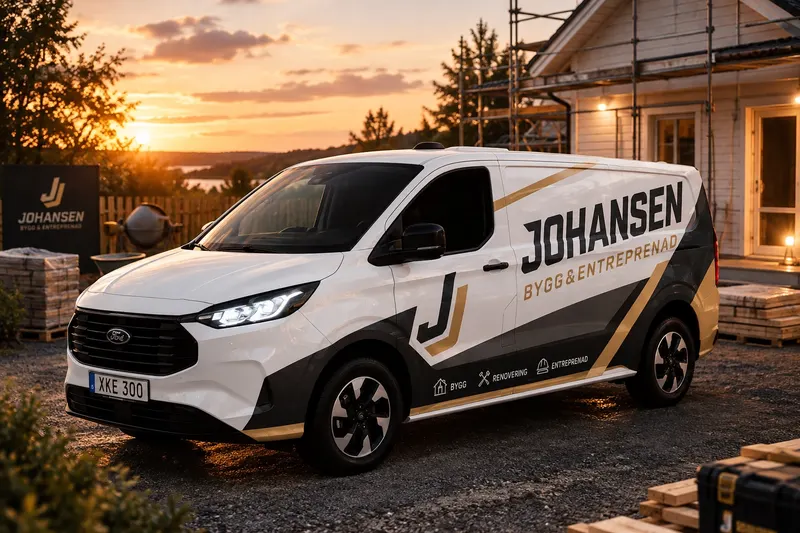 Johansens servicebil framför ett hus under byggnation